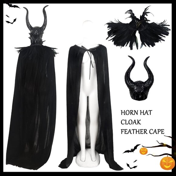 Women Black Witch Raven Costume Halloween Feather Shawl Mesh Cape with Horns Set - Picture 7 of 7